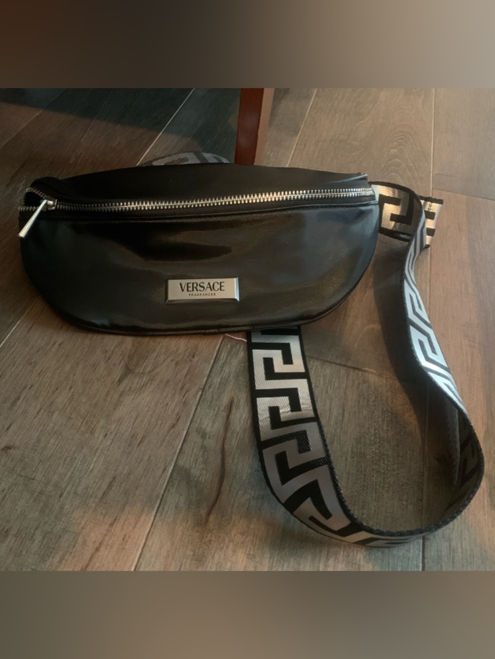 Versace Fragrances Black Belt Bag with Greek Key Strap